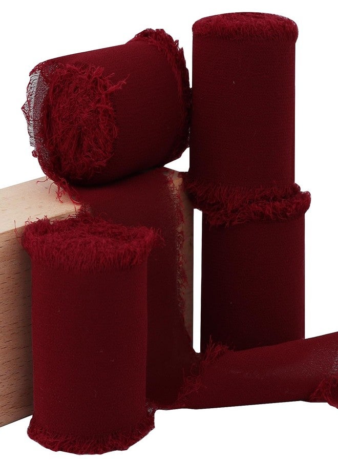 TONIFUL 4 Rolls Silk Chiffon Ribbon, 1-1/2 Inch x 22yds Dark Red Claret Chiffon Ribbons, Handmade Fringe Silk Ribbon for Gift Wrapping Bridal Bouquets Wedding Invitations Valentine Day Decoration - Image 1